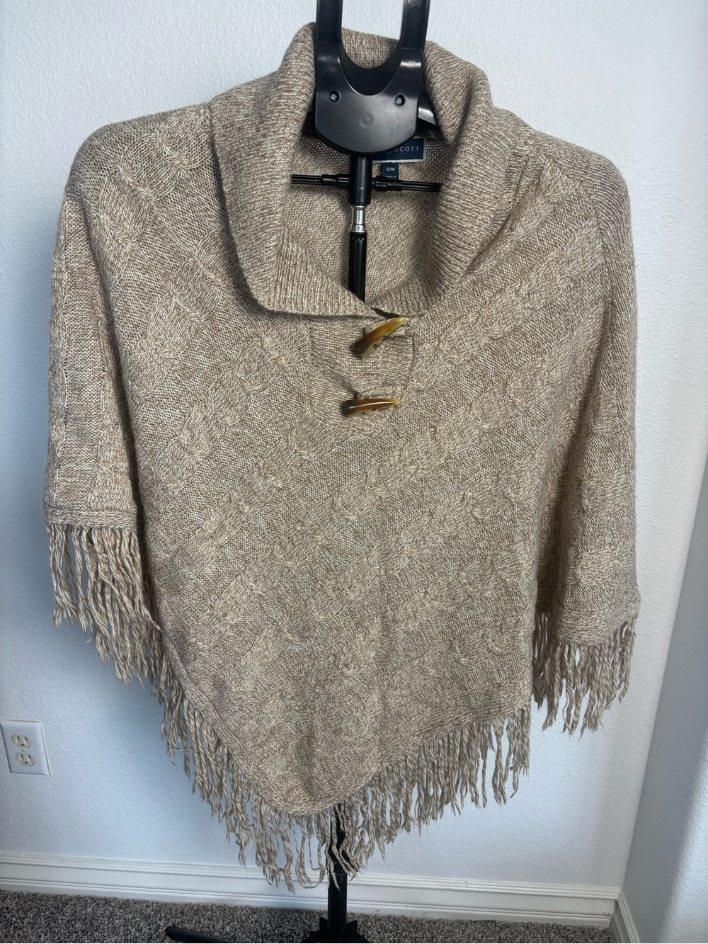 Karen Scott Taupe Fringed Knit Poncho with Toggle Detail